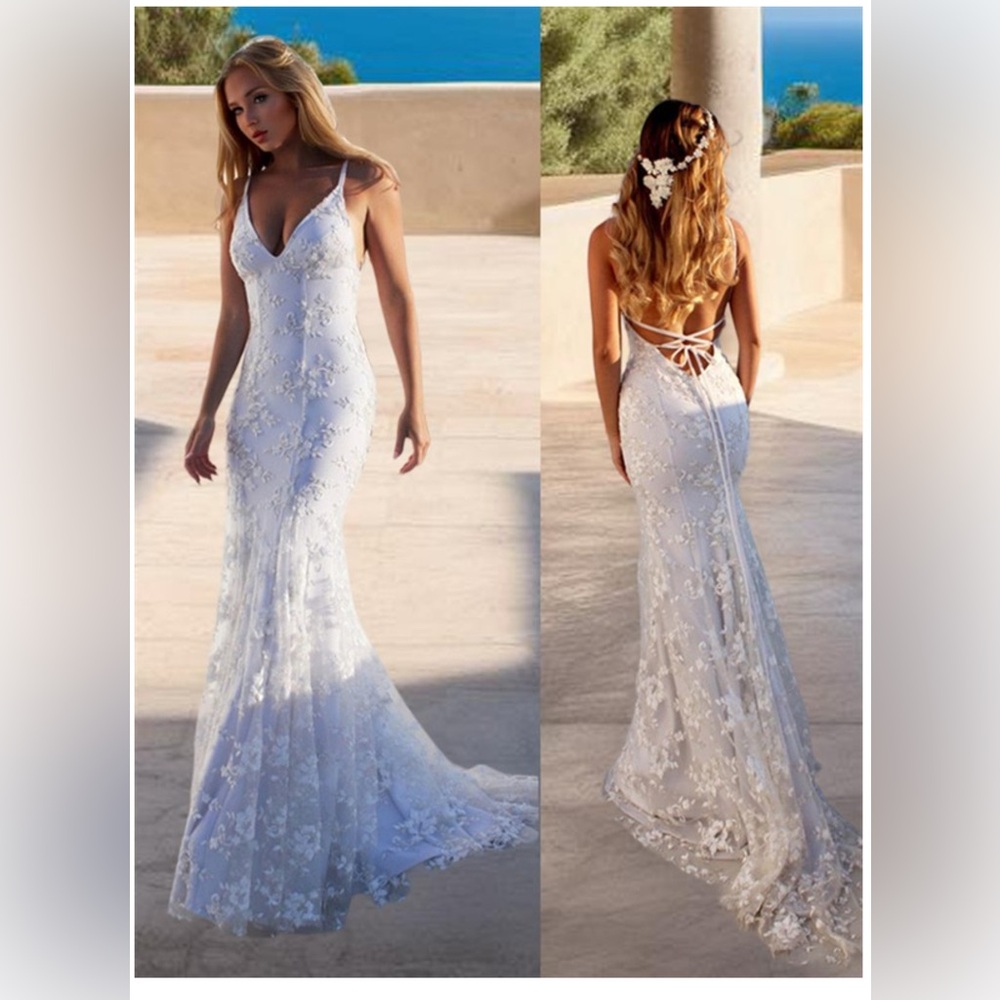 Mermaid Spaghetti Straps Appliques Lace Court Train Lace Wedding Dress S
